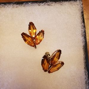 Vintage Sterling Silver Amber Rhinestone Screw Back Earrings